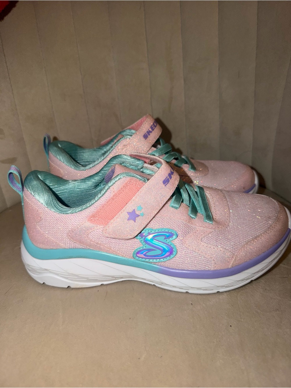 Skechers Girls' Pink Glitter Sneakers with Teal and Purple Accents